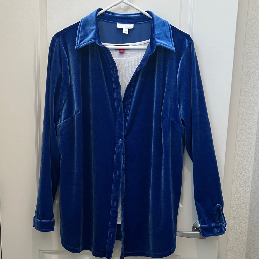 Charter Club Velvet Button-Up Blouse in Royal Blue (L)
